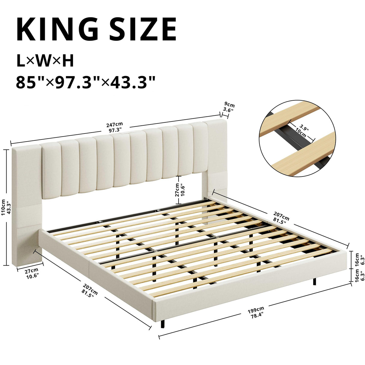 LIKIMIO Floating Bed Frame King Size with Wide Padded Headboard & LED Lights & Charging Station, Modern King Upholstered Platform, No Box Spring Needed, Beige LIKIMIO