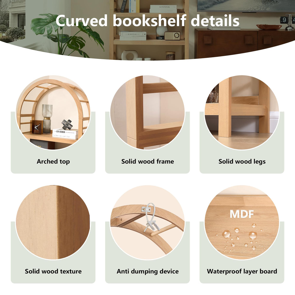 YUCHIATH 5-Tier Solid Wood Open Bookcase, Modern Arched Bookshelf, Home Office Shelf Storage Organizer, Storage Display Rack Shelf for Living Room (Natural) YUCHIATH