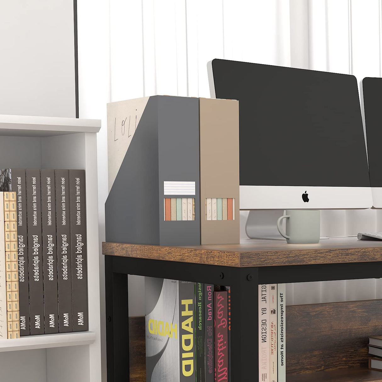 TOPSKY Rustic Brown Computer Desk with Bookshelf and Metal Cable Grommet - 55" Thick & Sturdy Design TOPSKY