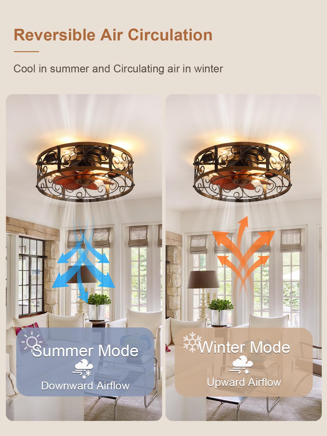 Curve Curio 18 Inch Farmhouse Caged Ceiling Fan with Light, Rustic Style Flush Mount Low Profile Ceiling Fan for Kitchen, Bedroom Curve Curio