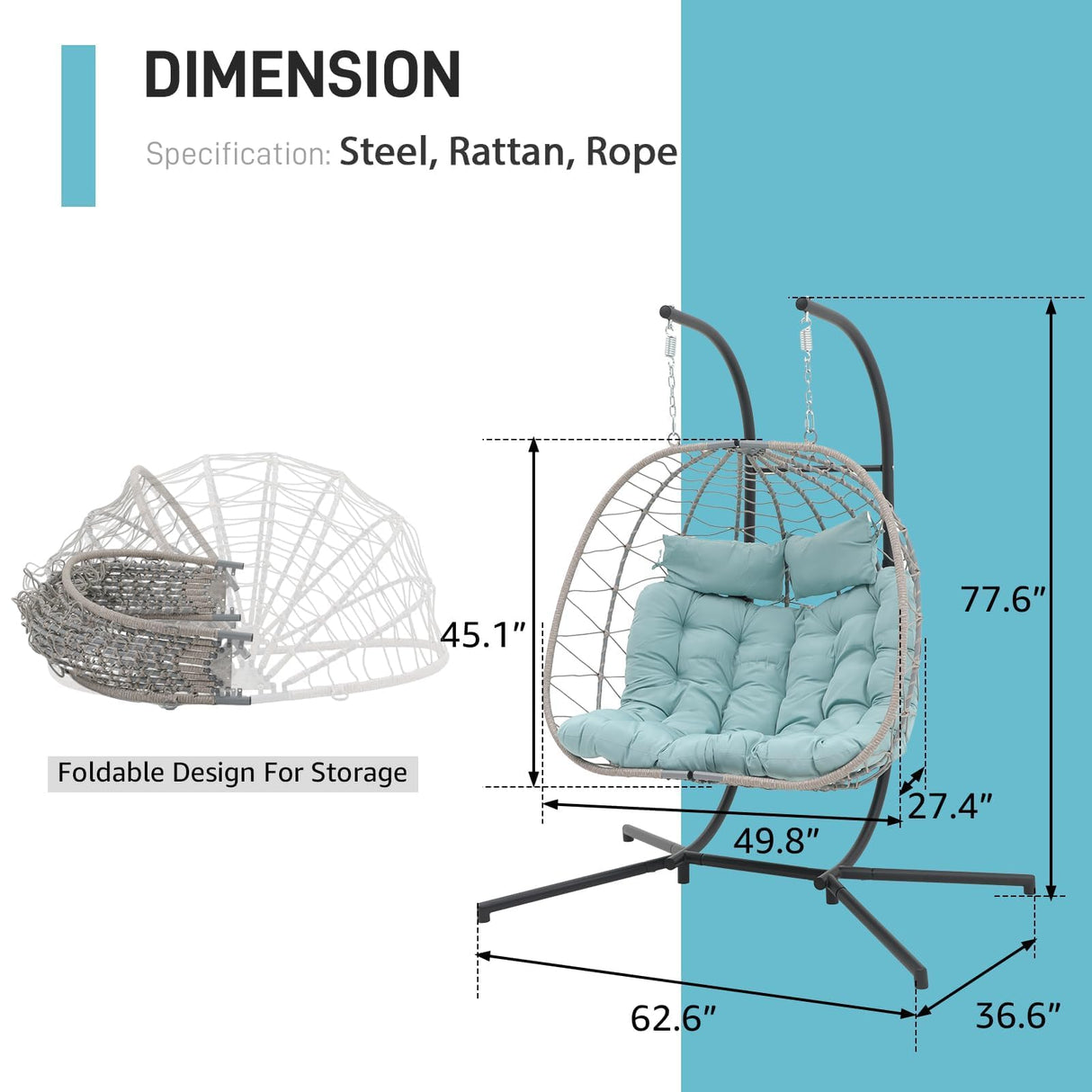 Patiorama 2 Person Double Egg Swing Chair with Stand Indoor Outdoor, Patio Wicker Rattan Hanging Egg Chair w/Cushion, Pillow, Foldable Hammock Chair 550lbs for Bedroom, Balcony, Garden (Light Blue) Patiorama