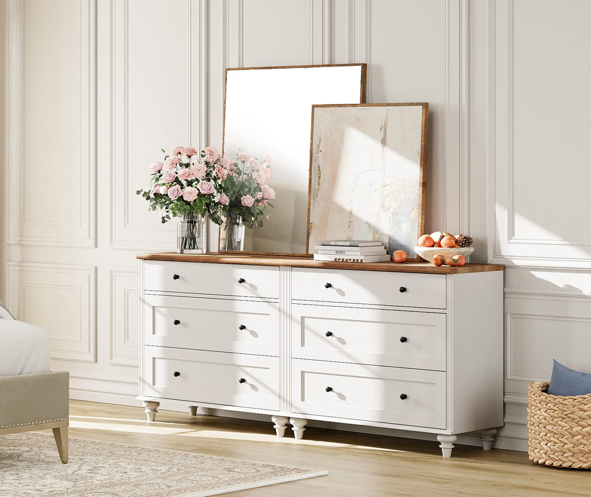 WAMPAT Kitchen Buffet Server Table with 6 Drawers & Storage Cabinet, Accent Sideboard Cupboard with LED Light, Console Table Living Room Dining Room, White & Brown WAMPAT