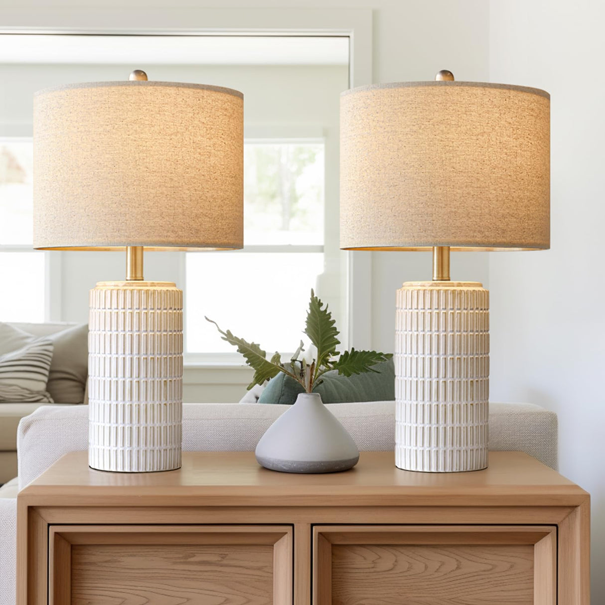 PoKat 23" Modern Ceramic Table Lamp Set of 2 for Living Room White Desk Lamps for Bedroom Farmhouse Bedside Nightstand Bedside Lamp End Table Lamps Beige PoKat