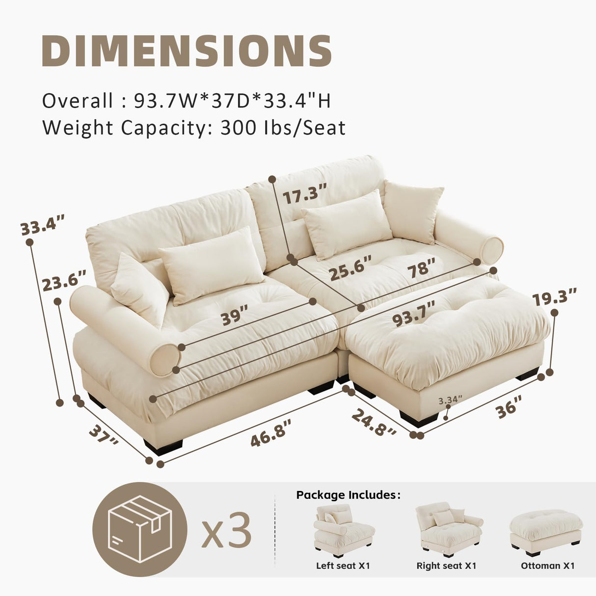 SoarTalent 93.7" Modern Oversized Modular Sectional Sofa 2-Seater Loveseat L-Shaped Cloud Couch with Ottoman,Pillows and Overthick Cushion for Living Room,Home Theater,Apartment,Velvet,Beige SoarTalent