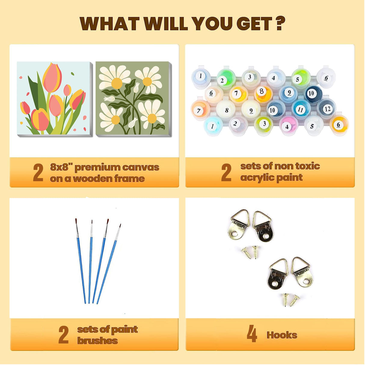 cupmod 2 Pack Framed Paint by Number for Kids,Easy Flower Painting Paint by Numbers Kits on Canvas,DIY Acrylic Oil Painting for Home Wall Decor(8x8inch) cupmod