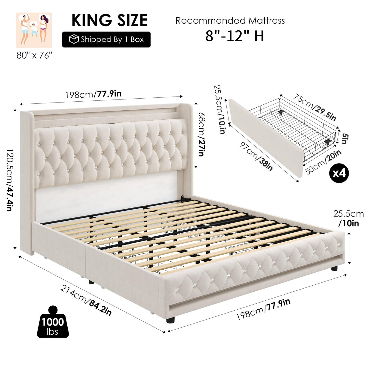 HIFIT King LED Bed Frame with Charging Station and 4 Storage Drawers, Velvet Upholstered Platform Bed with Handcrafted Crystal Button Wingback Headboard, Metal Frame with No Box Spring Needed, Beige HIFIT