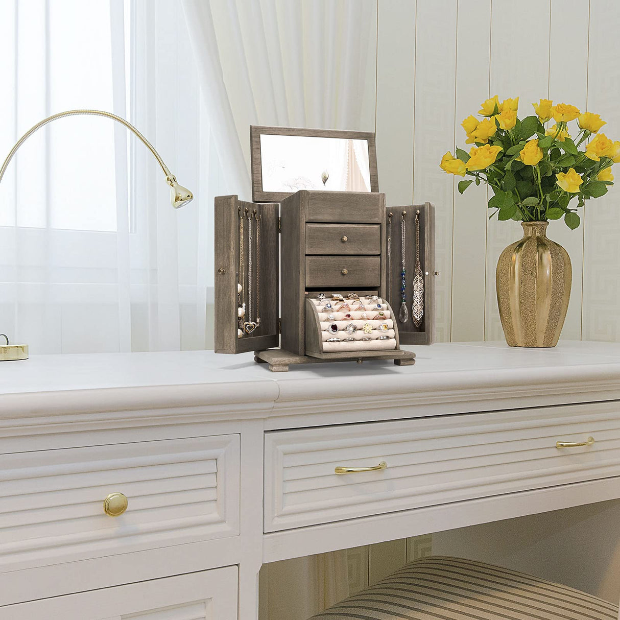 Emfogo Jewelry Box for Women, Rustic Wooden Jewelry Boxes & Organizers with Mirror, 4 Layer Jewelry Organizer Box Display for Rings Earrings Necklaces Bracelets (Weathered Gray) Emfogo