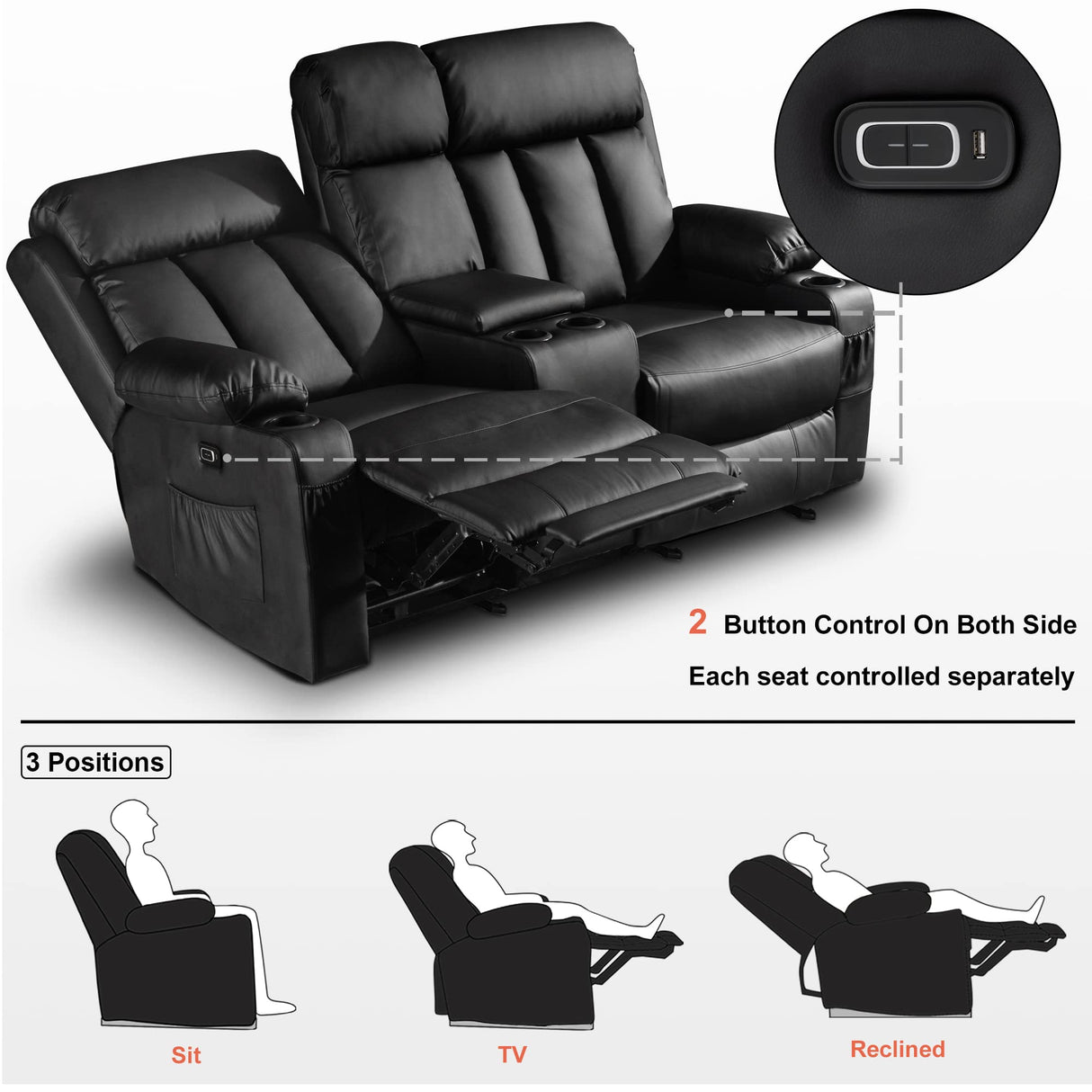 MCombo Power Loveseat Recliner with Console, Heat and Vibration Massage, Reclining Loveseat Sofa with USB Ports, Cup Holders for Living Room, Faux Leather 6095 (Black) MCombo