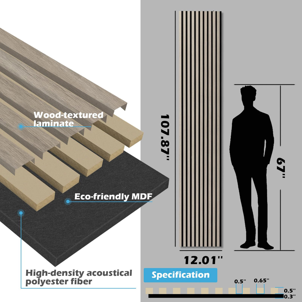 Art3d 2-Pack 108" x 12" Acoustic Wood Panels for Wall, Soundproof Wood Slat Panel for Wall and Ceiling, 3D Fluted Sound Absorbing Paneling for Interior Wall Decor, Living Room, Bedroom - Oak Art3d