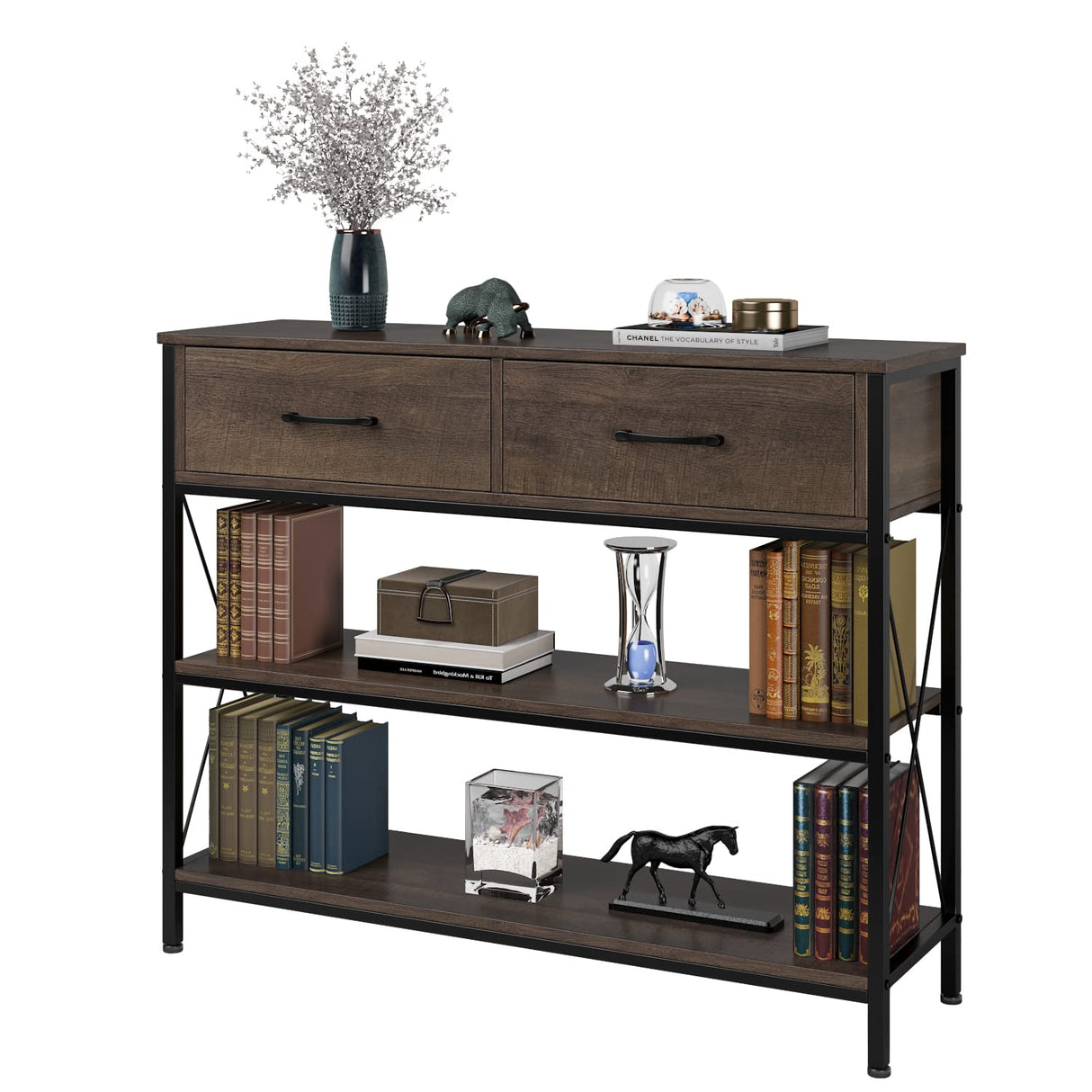 HITHOS Industrial Console Table with Drawers, Vintage Hallway Foyer Table with Storage Shelves, Narrow Long Sofa Entryway Table for Living Room, Dark Brown HITHOS