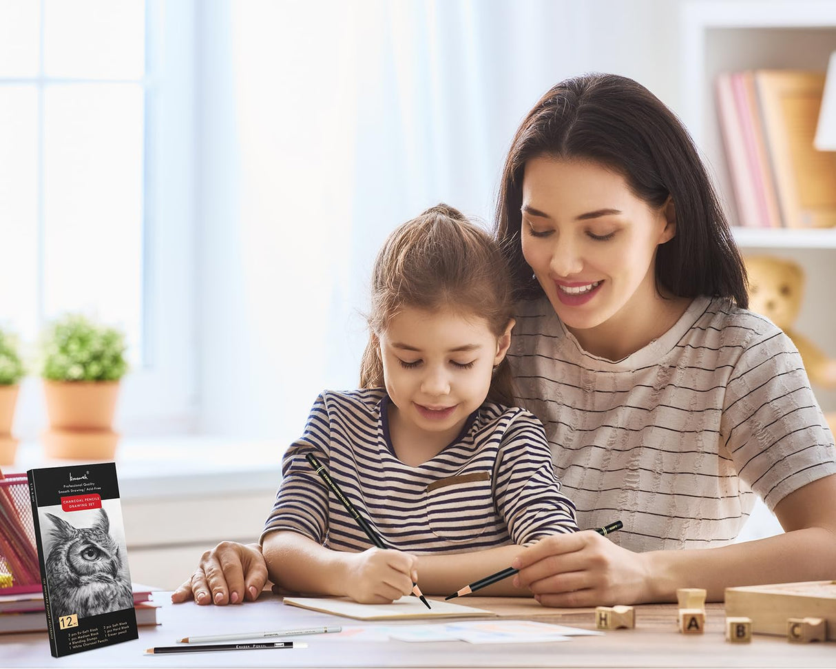 Brusarth Charcoal Drawing Set -12 pc Black charcoal pencils, White Charcoal Pencils, Eraser Pencils, Blending Stumps for Drawing, Sketching, Shading, Artist Pencils for Beginners & Artists Brusarth