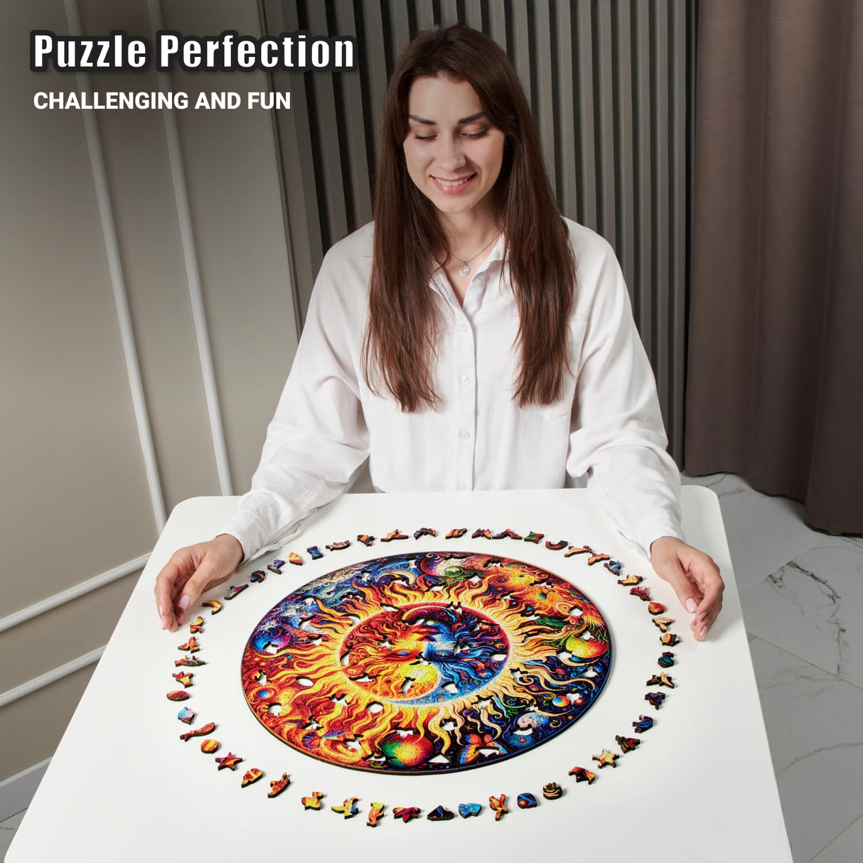 LEOGOR Extra Large Wooden Puzzles for Adults 500 Piece – Colorful Mosaic Sun and Moon Puzzle with Unique Laser Cut Animal-Shaped Wood Pieces – Challenging Jigsaw, 17.8'' x 17.8'' LEOGOR