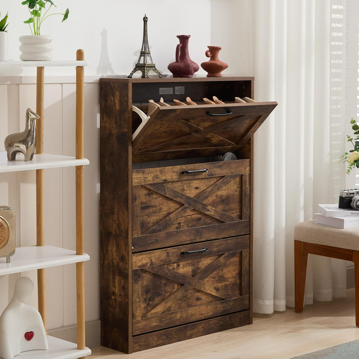 HOPUBUY Shoe Cabinet for Entryway, Shoe Storage Cabinet with 3 Flip Drawers, Narrow Shoe Rack for Front Door Entrance, Rustic Brown HOPUBUY