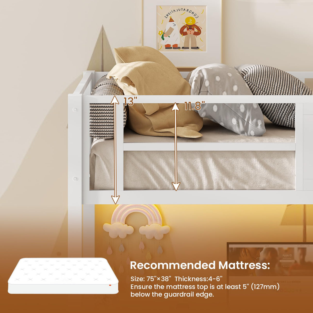 Itaar Stairway Twin Size Loft Bed with L Shaped Desk and Wardrobe, Metal Loft Bed Frame with Storage Stairs,3 Fabric Drawers, LED Lights & Charging Sation,No Noise & No Box Spring Needed, White Itaar