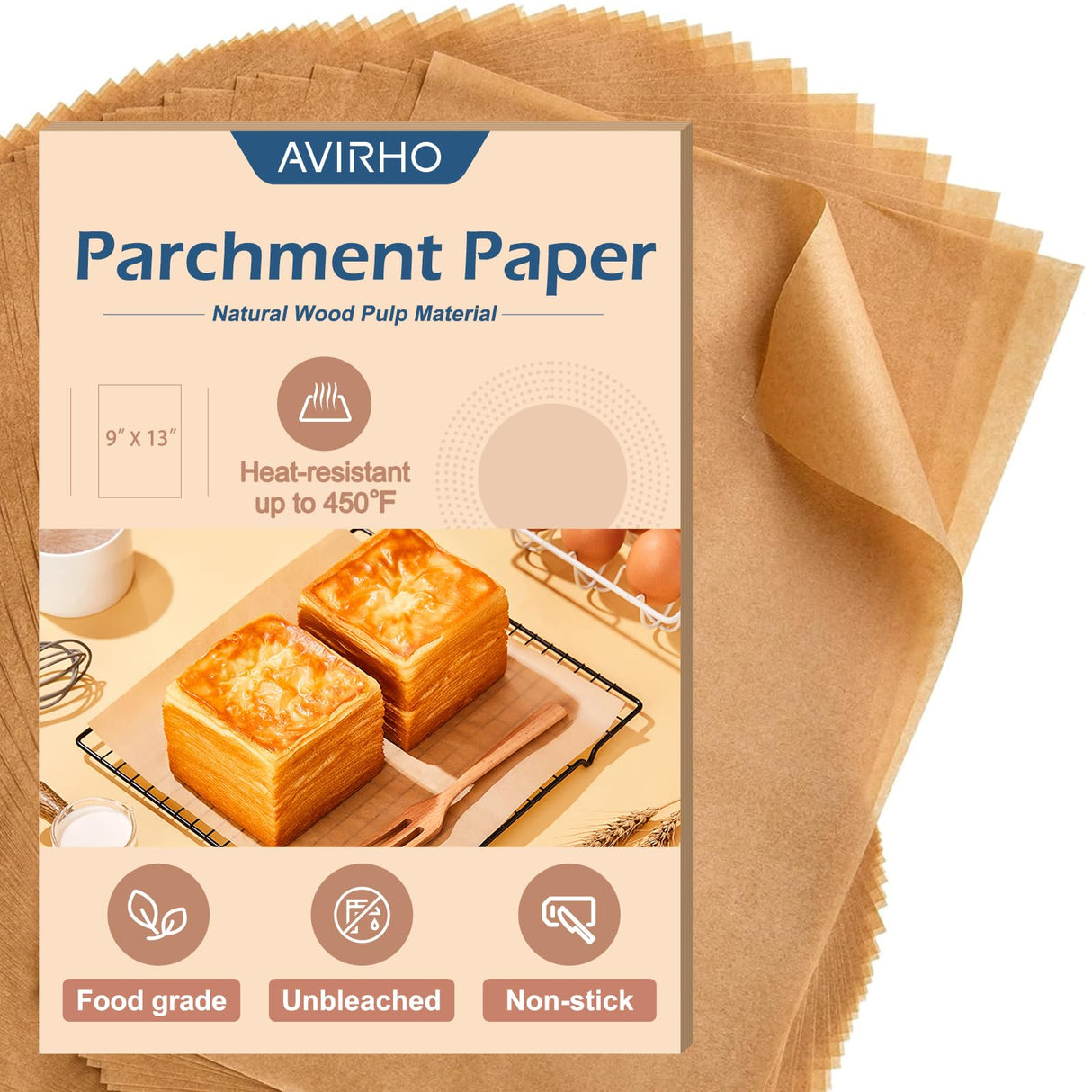 Unbleached Parchment Paper Baking Sheets, 9x13IN Precut Non-Stick Parchment Paper for Baking, Grilling, Air Fryer, Steaming-70 Sheets Unbleached Parchment Sheets for Bread Cup Cake Cookie And More Avirho