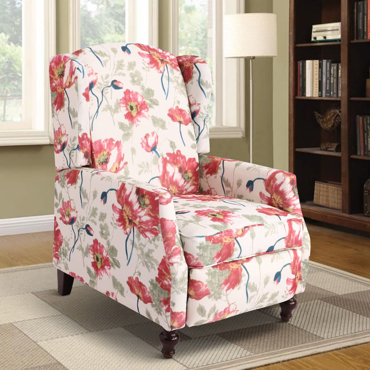 Consofa Upholstered Wingback Recliner Chair, Traditional Push Back Recliner Chair with Padded Seat, Fabric Floral Chair Wingback Recliner with Wooden Legs, Small Recliners for Small Spaces Consofa