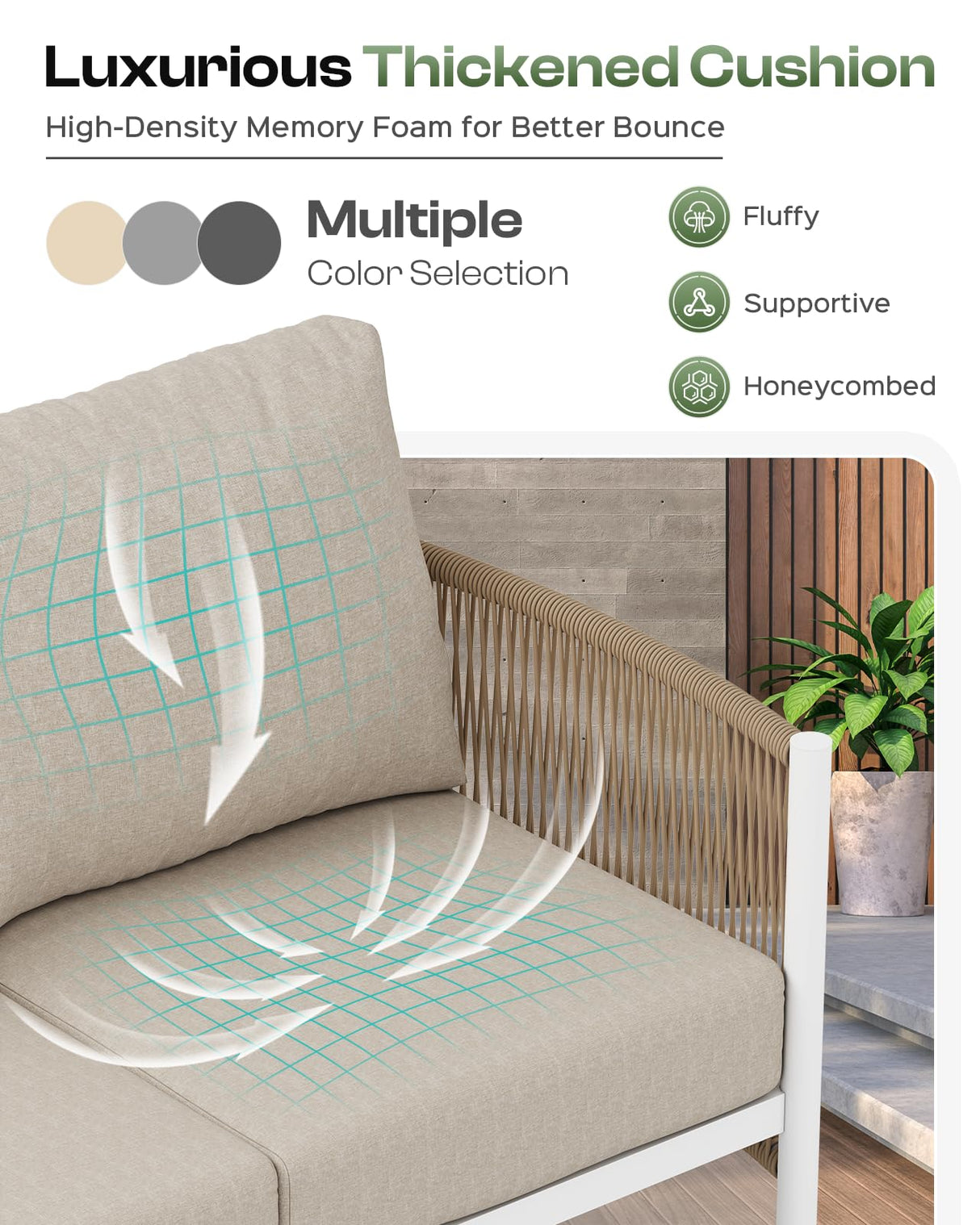 Oasbira Aluminum Outdoor Patio Furniture Set, HDPE Rope 5 Piece Modern Sectional Conversation Sets with Dual-Layer Coffee Table, All Weather Patio Couch Sofa with Thick Cushions, White Frame, Ivory Oasbira