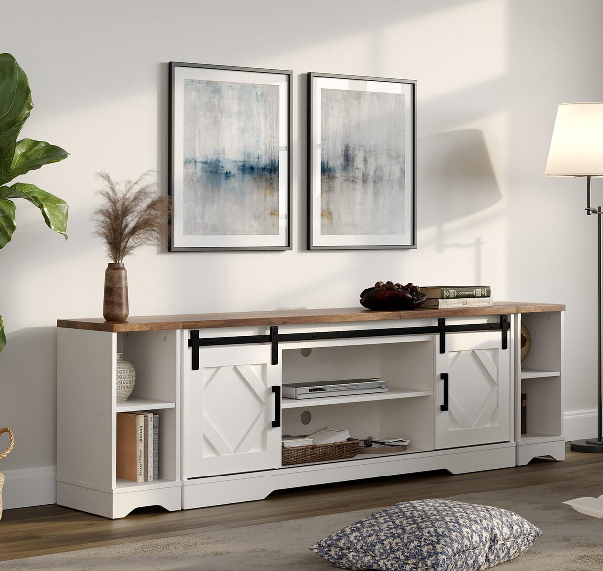 WAMPAT Modern Farmhouse 3 in 1 TV Stand for up to 85" TVs Wood Entertainment Center with Open Storage for Living Room Antique White WAMPAT