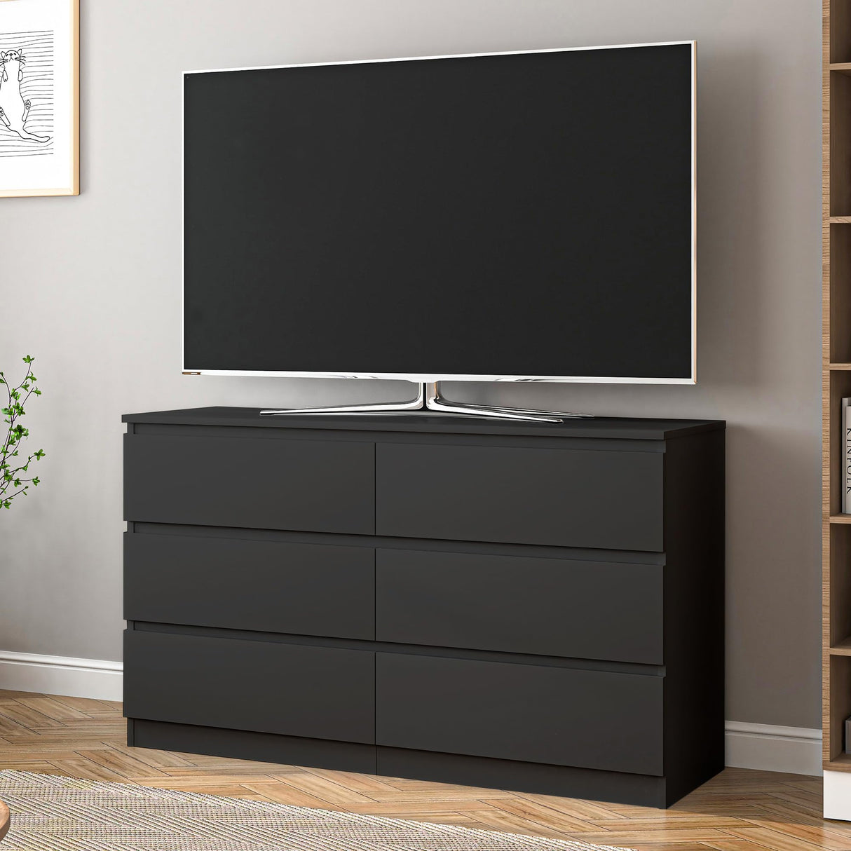 Vibe & Dine 6 Drawer Double Dresser, Modern Chest of Drawers with Wide Storage for Closet, Bedroom, Living Room, Black Vibe & Dine