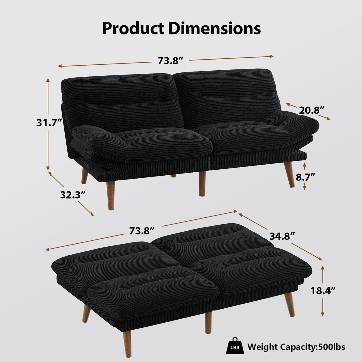 PERLECARE Convertible Futon Sofa Bed, 66" Corduroy Futon Couch with Adjustable Backrest and Armrests, 3-in-1Recliner Sleeper Sofa for Small Spaces, Play Room,Living Room or Office(Black,66 in) PERLECARE