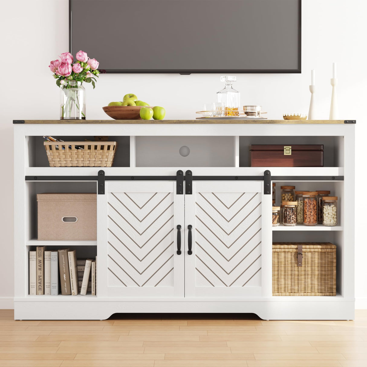 RoyalCraft Farmhouse TV Stand for 23" Electric Fireplace, Tall Entertainment Center for 65+ Inch TV, 34" Tall Rustic TV Console with Sliding Bar Door for Living Room (Wood-Tone and White) RoyalCraft