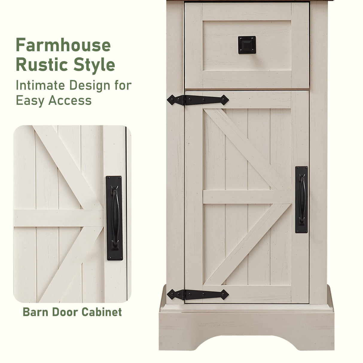 OKD Rustic Oak Tall Linen Tower with Adjustable Shelves and Storage Drawer in Antique White OKD