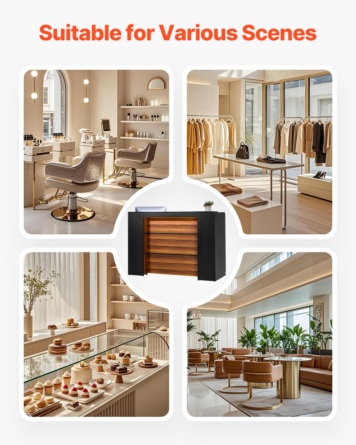 VEVOR Reception Desk, 62 Inch Rectangular Front Counter Table, Office Reception Desk Front Retail Counter with LED Light, for Checkout, Lobby, Beauty Salon and Office, Black & Brown VEVOR