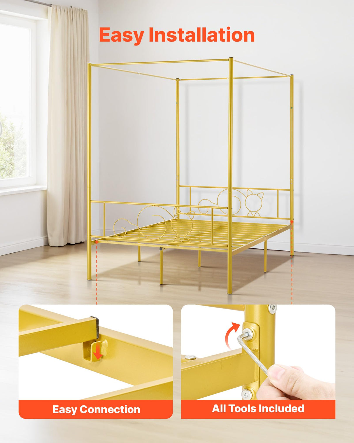 VEVOR Canopy Bed Frame Full Size, Metal Canopy Bed with Minimalist Headboard & Four Posters Design, Heavy Duty Steel Slats Support, Underbed Storage Space, No Box Spring Needed, Easy Assembly, Gold VEVOR