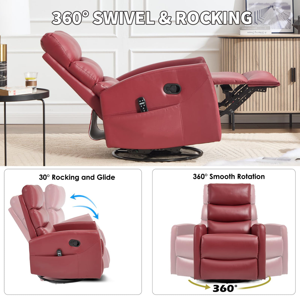 Trustyue Swivel Rocker Recliner Chair, 360° Swivel Recliner with Heat and Massage, Rocker Recliner Easy to Clean Leathery Nursery Glider Recliner Chair with Side Pockets for Living Room Red Trustyue