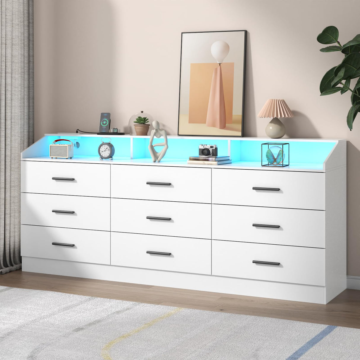 Gyfimoie 9 Drawers Dresser for Bedroom with Power Outlet, Chest of Drawers with LED Light, Modern Dressers with Open Storage Cubby, Triple Wide Dressers Organizer for Living Room (White) Gyfimoie