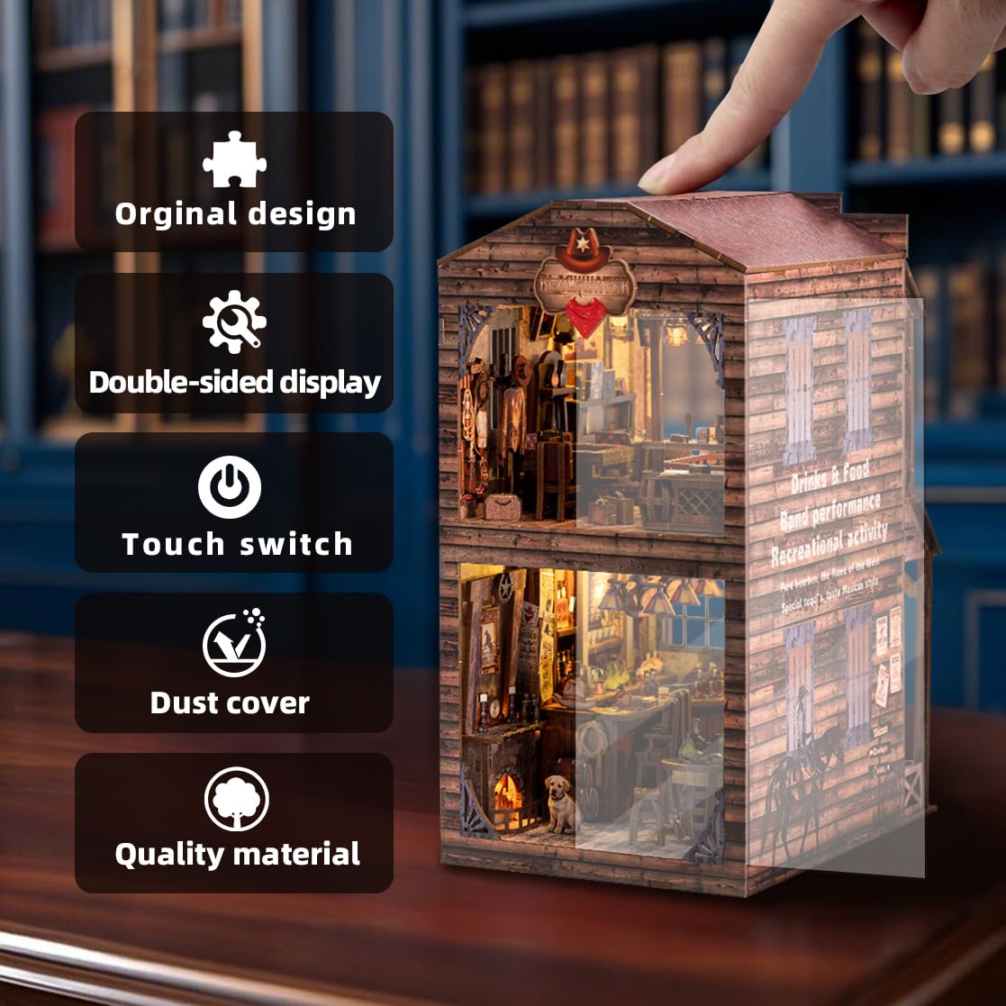 Wondyland Book Nook Kit - DIY Miniature House & Dollhouse Alley Model Kit, Puzzle Bookshelf Library Decor with LED Light, Craft Gift for Adults, Teens, and Family(Old Town Saloon) Wondyland