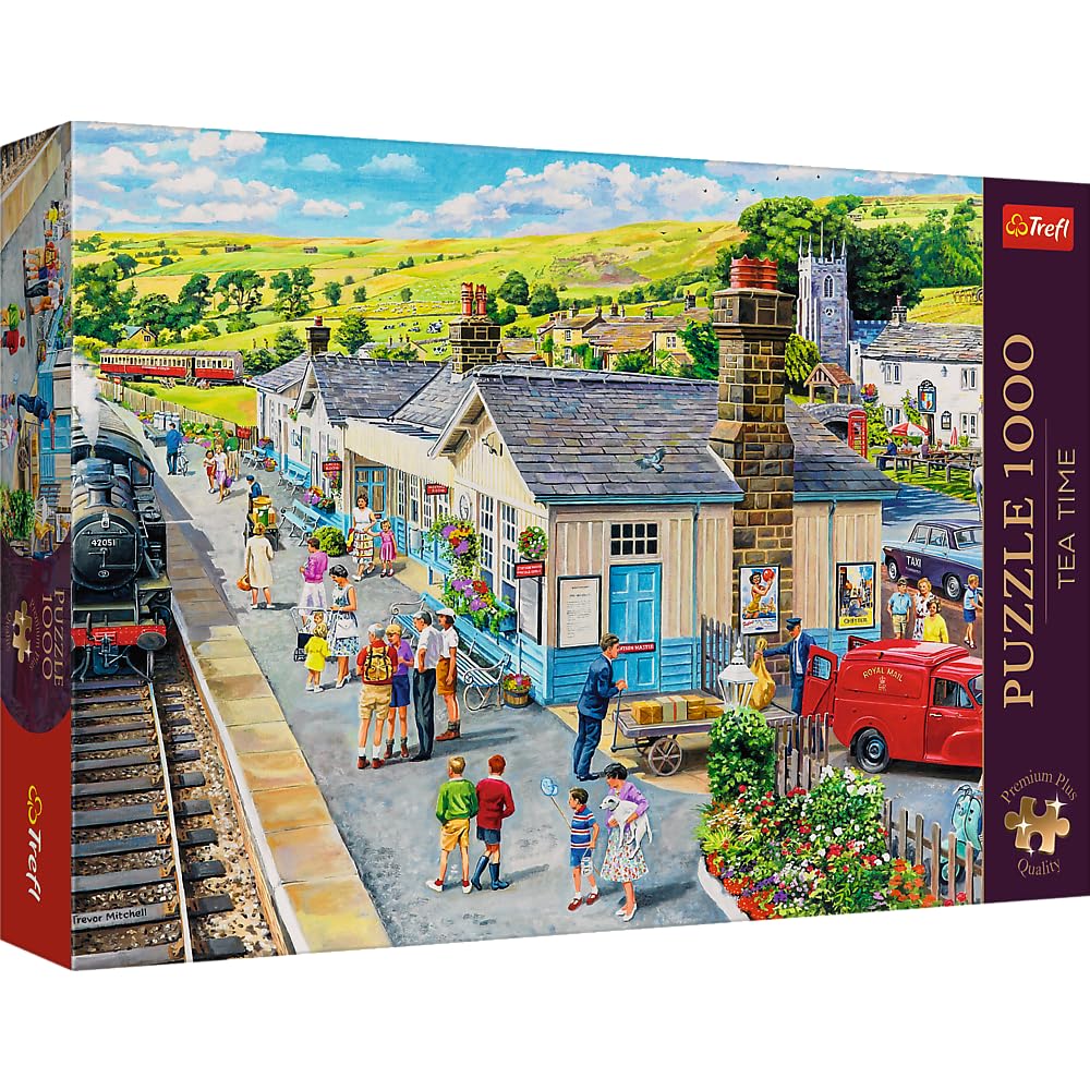 Trefl The Village Station 1000 Jigsaw Puzzle Premium Plus Tea Time 27"x19" A Series of Painted Nostalgic Pictures, Perfect Matching of Elements, for Adults and Children from 12 Years Old Trefl