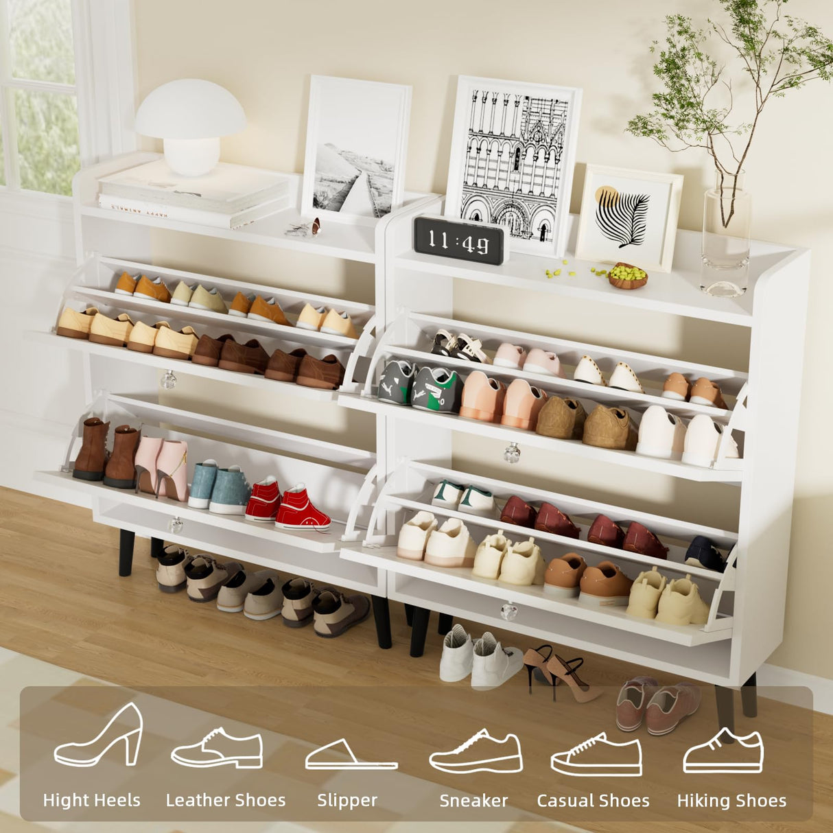 VOWNER Shoe Storage Cabinet with 2 Flip Drawers, Shoe Cabinet with Open Storage & Crystal Handle, Narrow Shoe Rack Organizer for Entryway, Hallway, White VOWNER