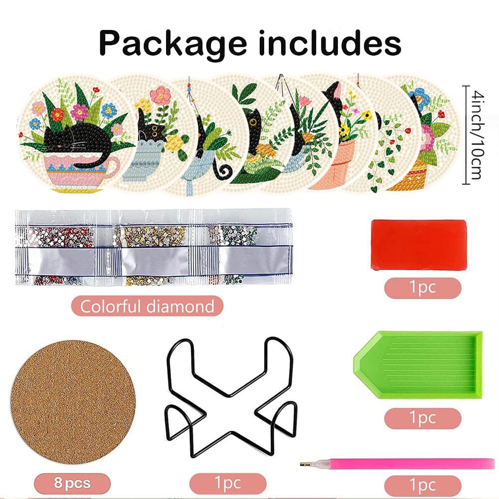 Clendo 8 Pcs Black DIY 5D Small Diamond Painting Coasters Kit with Holder, Flowers DIY Coasters, Arts and Crafts for Adults Clendo