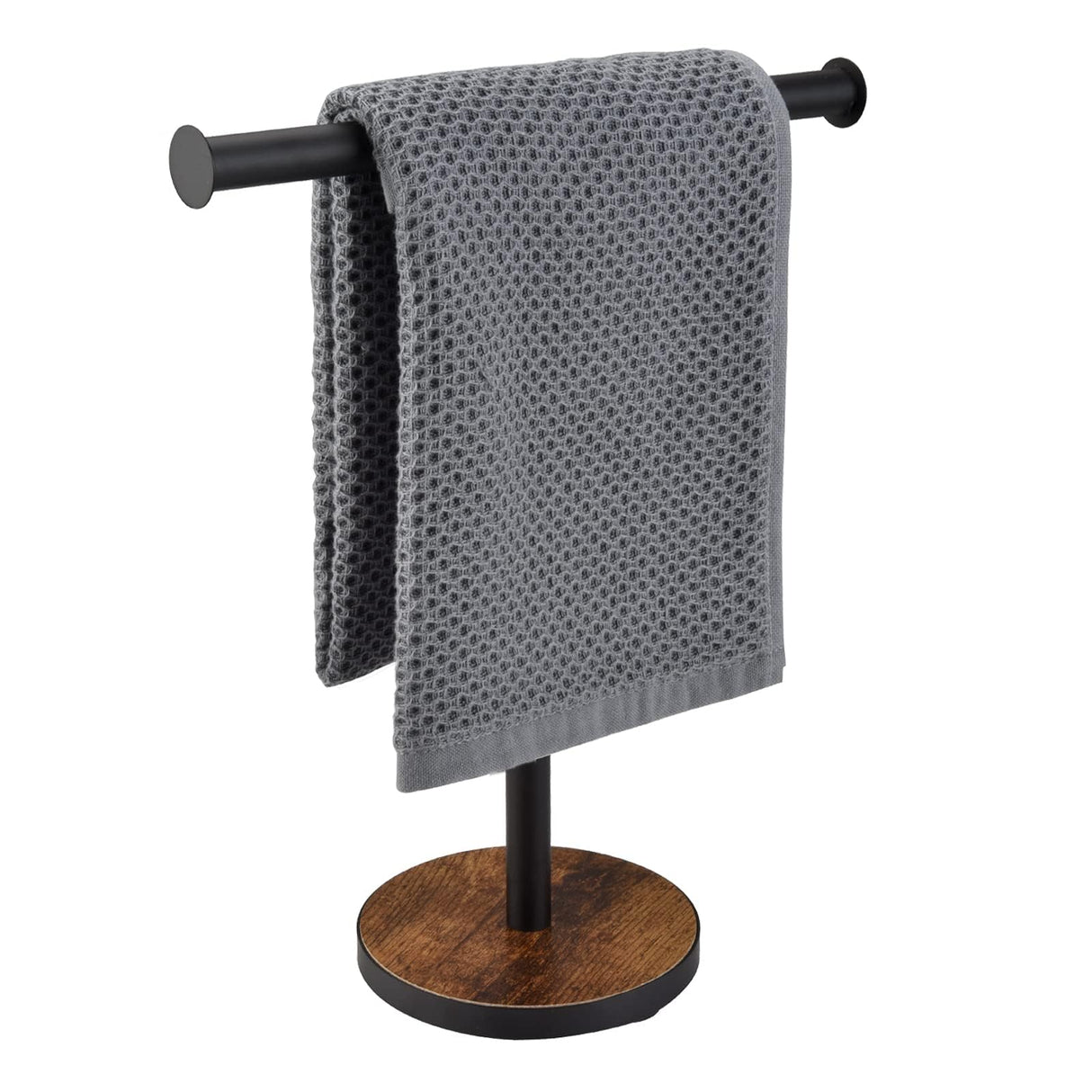 BCOZLUX Towel Holder Stand, Countertop Hand Towel Stand for Bathroom and Kitchen, Free Standing Counter Towel Rack with Weighted Wood Base, Rustic Black and Brown BCOZLUX