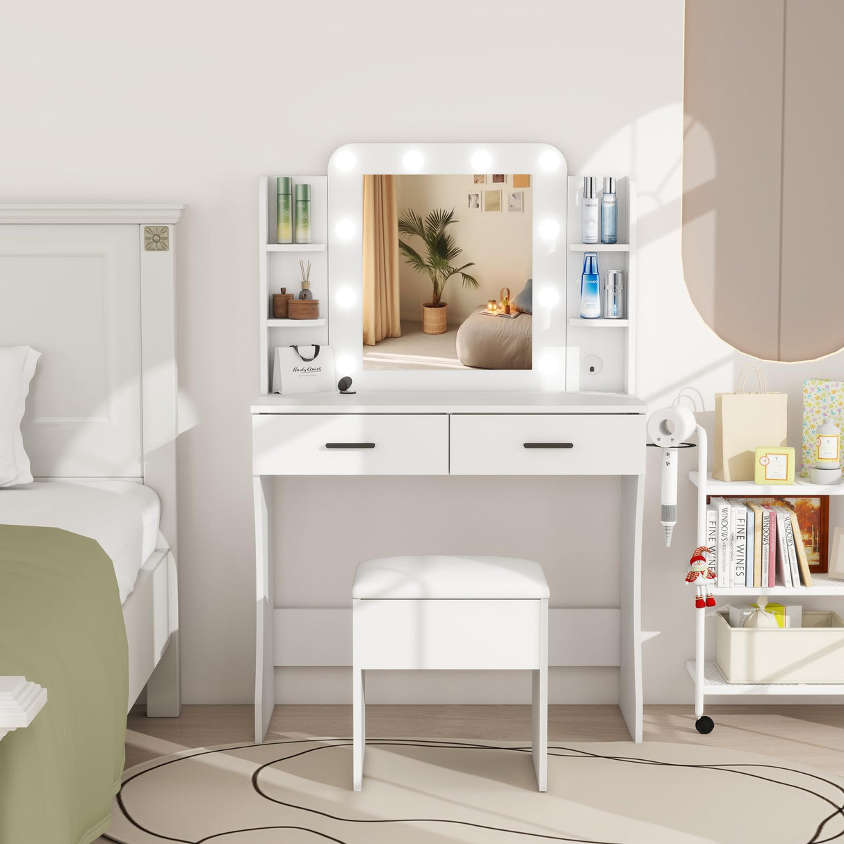 Vanity Desk Set with Mirror, LED Lights and Power Outlet Makeup Table with 2 Large Drawers and Round Holder, Dressing Table with Cushioned Stool for Bedroom, Dressing Room (White) Panana