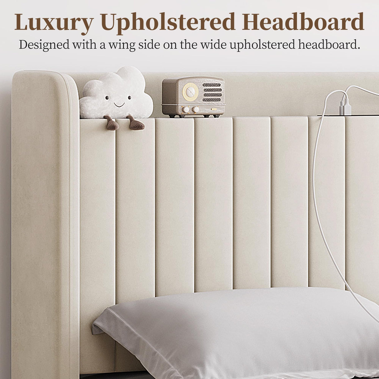 Yaheetech Queen Bed Frame with USB Charging Station and Storage Shelf/Upholstered Headboard Platform Bed with Wing Side/Wooden Slats Support/Noise Free/No Box Spring Needed/Easy Assembly, Ivory Yaheetech