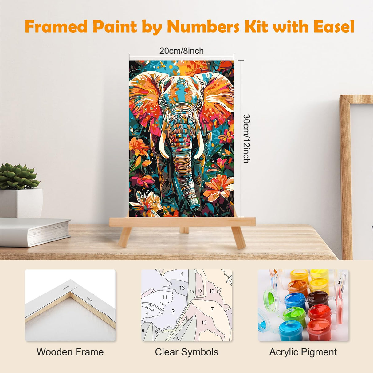 MOGTAA Elephant Paint by Numbers Kit for Adults Beginners with Frame, Flowers Adult Paint by Number Kits on Canvas with Easel, Easy DIY Aniaml Oil Painting Kits for Home Decor, 8x12in MOGTAA