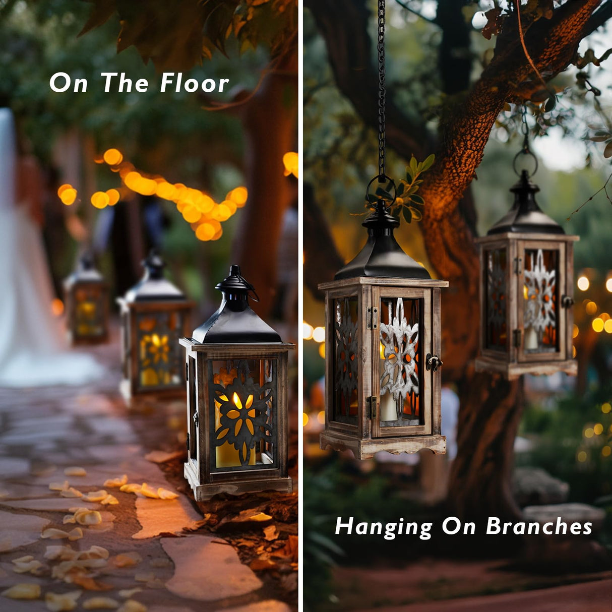 Homemory Rustic Christmas Farmhouse Lantern Decor, Wood & Metal 16'' Candle Lantern Hanging Candle Holders for Outdoor Indoor Home Living Room Patio Porch Table (Wood) Homemory