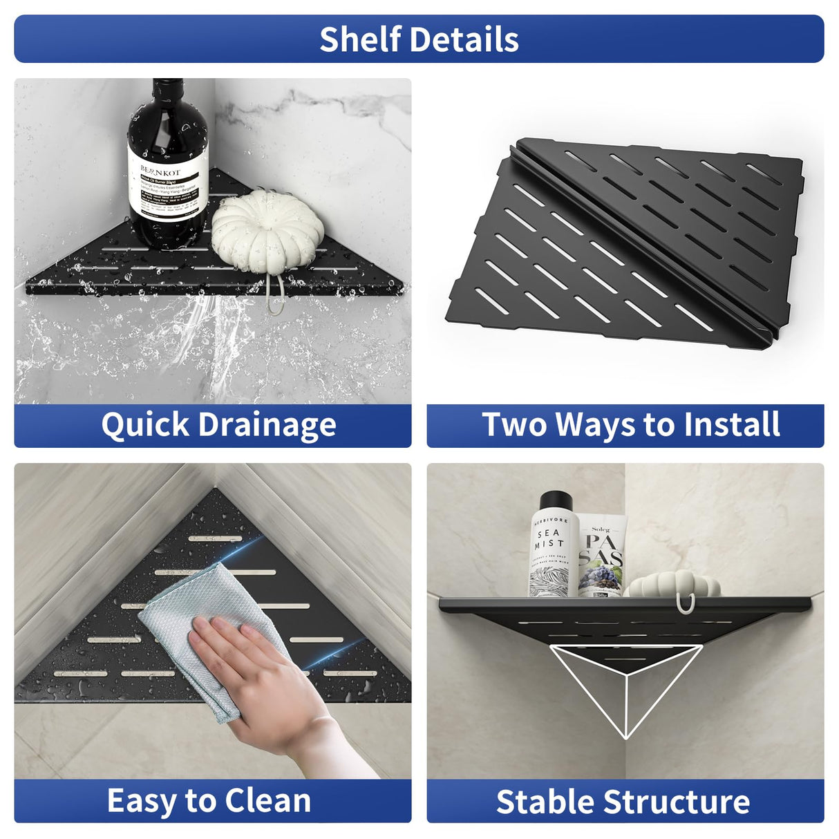 Bernkot Corner Shower Shelf 10" Matte Black 304 Stainless Steel Slot Design Recessed Corner Shelves, Grout in Bathroom Shower Shelf for Tiled Wall, 2 Pack Bernkot