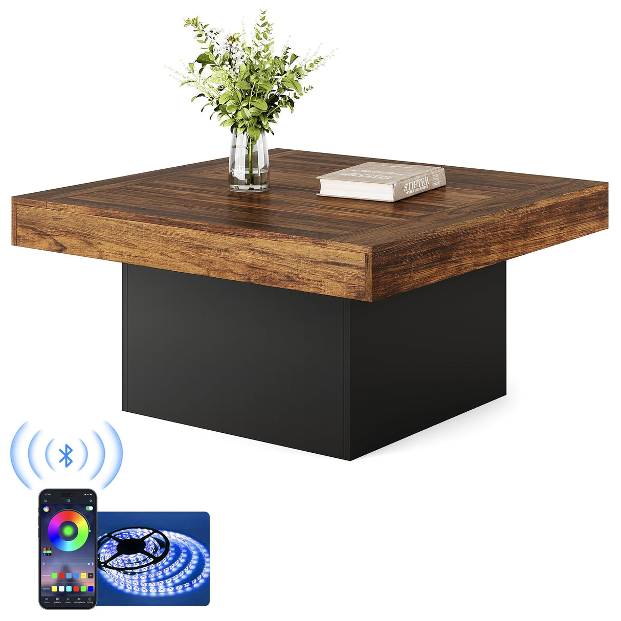 LITTLE TREE Square Coffee Table with LED Lights, 35-inch Living Room Tables, Modern Coffee Tables for Living Room, Brown and Black Wooden Center Table Cocktail Table for Home LITTLE TREE