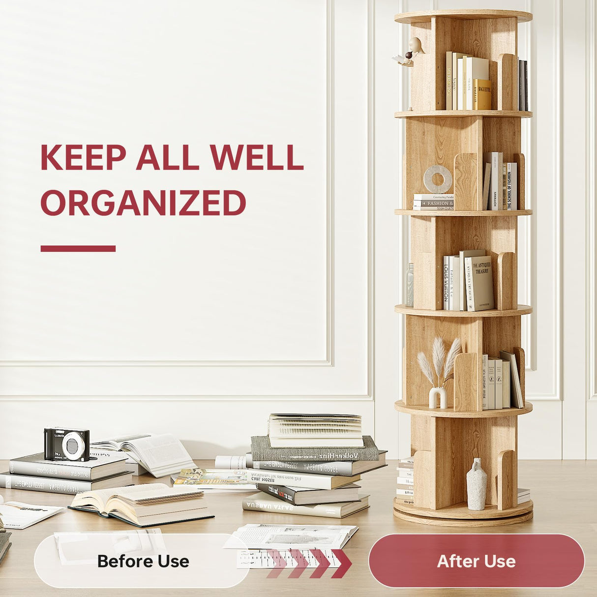 MXV Rotating Bookshelf, 360° Display 5 Tier Floor Standing Bookcase, Storage Rack for Kids&Adult, Multi-Functional Bookshelf Organizer for Bedroom, Study Room and Living Room MXV