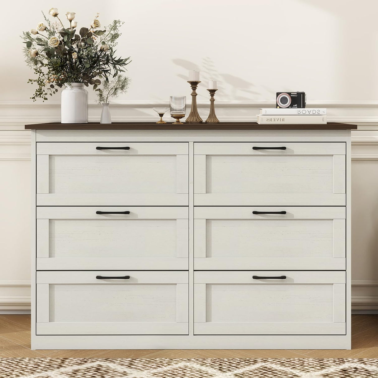 Vikiullf 6 Drawer Dresser - Farmhouse Dresser for Bedroom, Wooden Chest of Drawers, Storage Drawers for Bedroom, Living Room, Hallway, Entryway Organizer, Rust Oak White Vikiullf