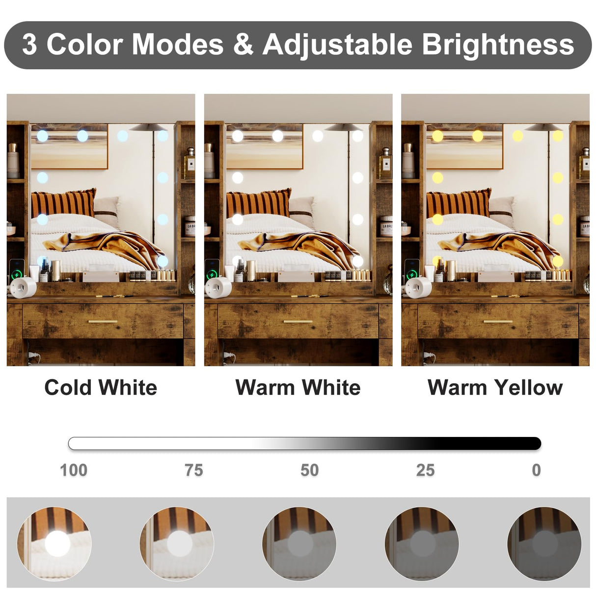 Farmhouse Makeup Vanity Desk with Lights,55.7" Modern Makeup Vanity with Charging Station&Storage Shelves,Bedroom Dressing Table for Women & Girls,3 Lighting Modes,Brightness Adjustable(Brown) TackView