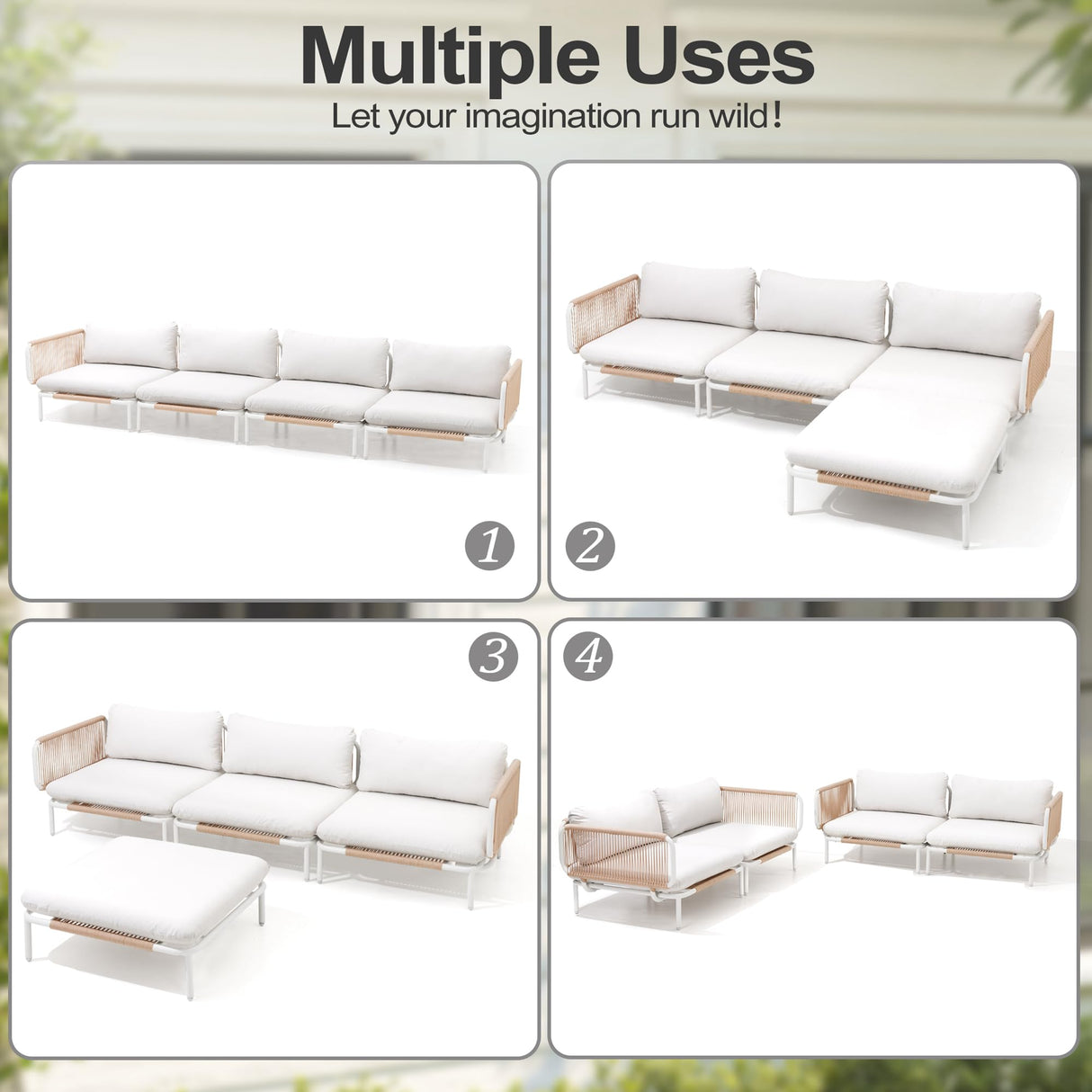 VredHom Patio Furniture Set, Outdoor Patio Furniture Oversized Metal Patio Sectional Sofa, 4-Seat Conversation Set with Cushion for Indoor and Outdoor, White Frame & Beige Mat (4 Seats 8 Armrests) VredHom