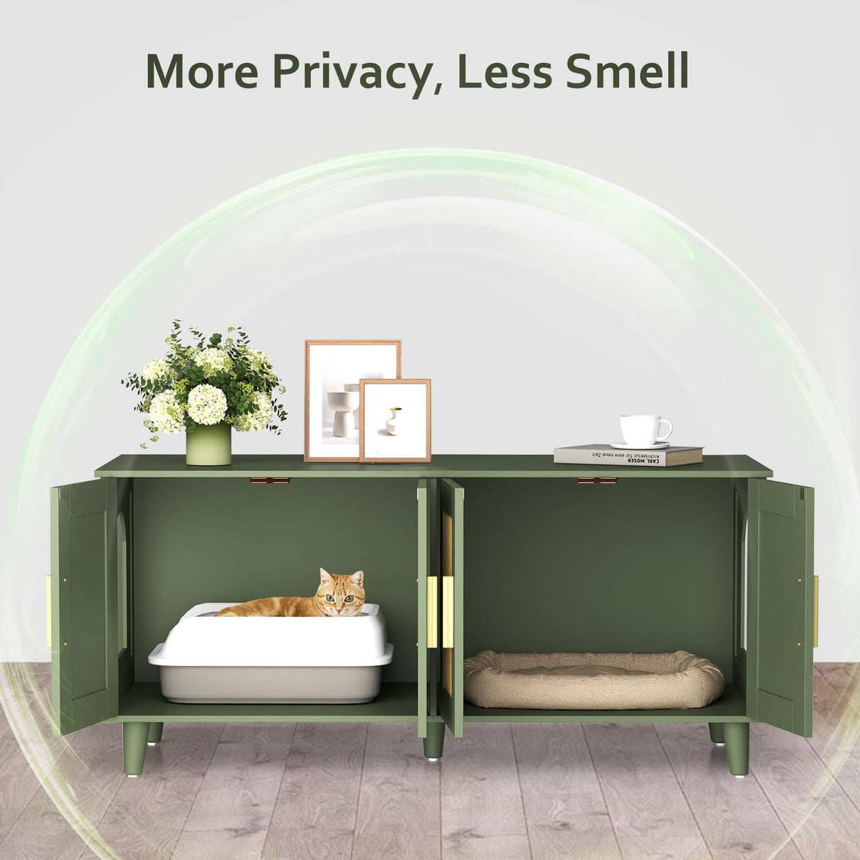 Homhedy Boho Cat Litter Box Enclosure for 2 Cats, Wooden Cat Washroom Furniture with Double Rattan Decorated Doors, Pet House,47.2”L x 19.7”W x 21.7”H, Green Homhedy