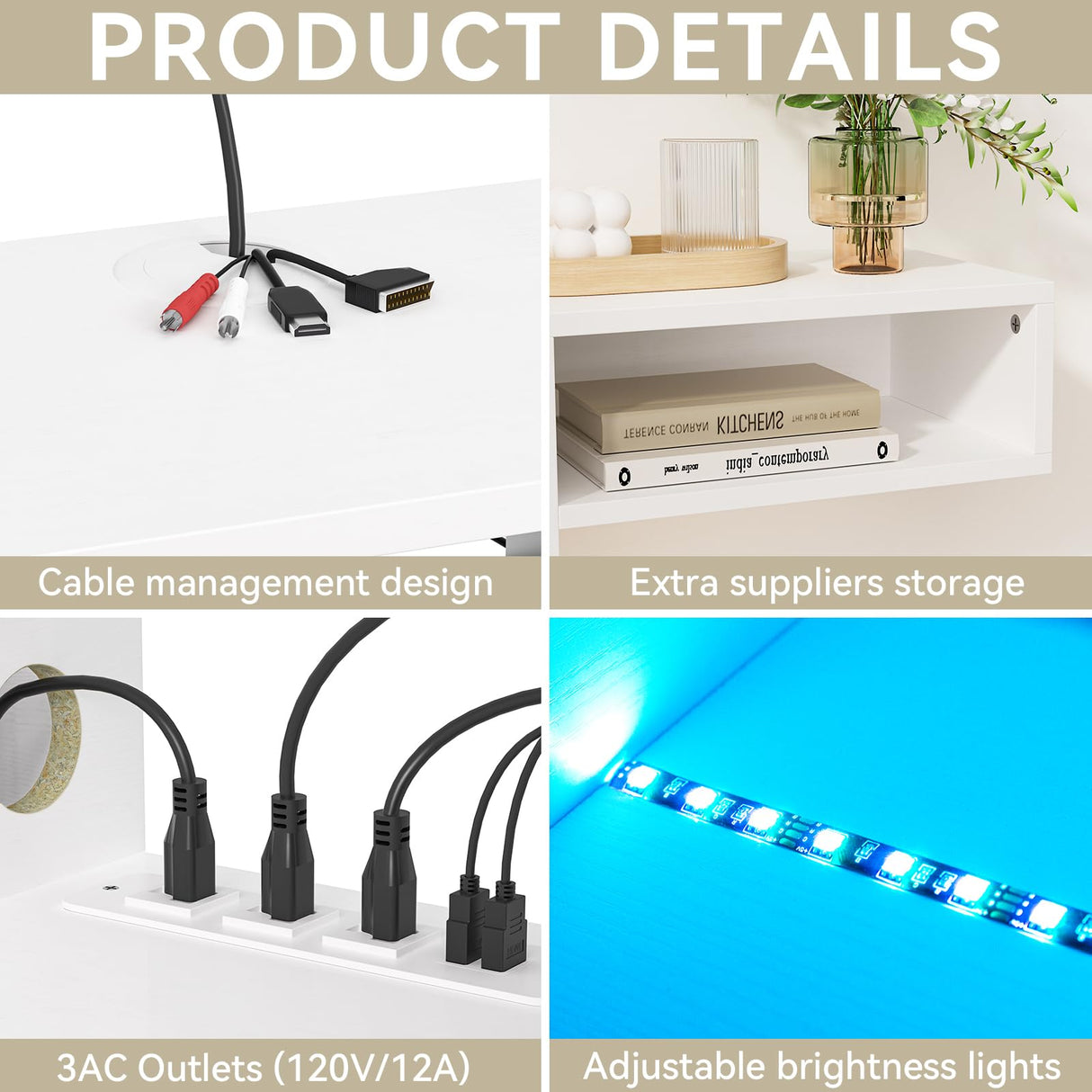 FABATO 59'' Floating TV Stand with LED Light Power Outlet, Floating Shelf for Under TV Wall Mount with Storage Shelf, Media Console Entertainment Center for Living Room, White FABATO