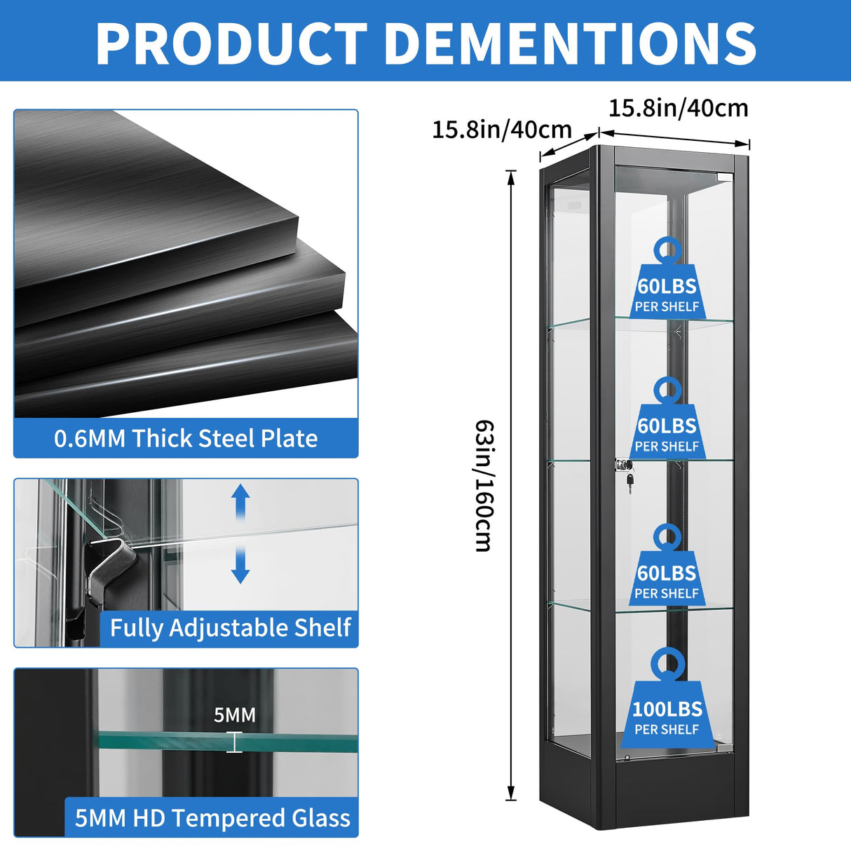 Desirable Life Glass Display Cabinet with 13-Color Light, 63" 4-Tier Curio Cabinet with Glass Door & Lock, Lighted Display Case with Adjustable Shelves for Collectibles Figures Trophy (Black) Desirable Life