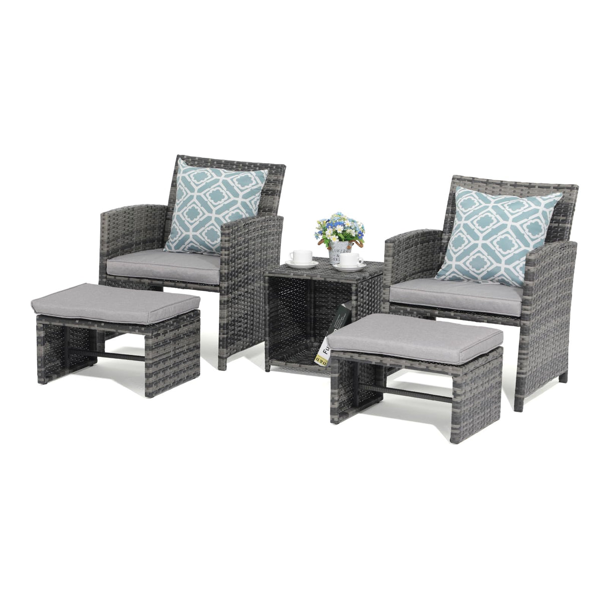 OC Orange-Casual 5 Piece Patio Furniture Set, Wicker Outdoor Conversation Chair and Ottoman Set with Coffee Table, Pillows Included, for Balcony, Porch, Deck, Light Grey OC Orange-Casual