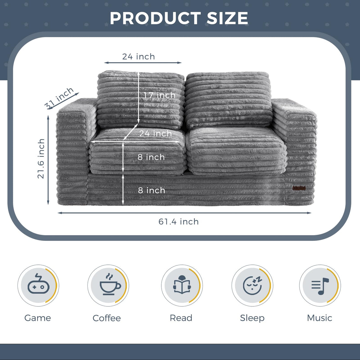 MAXYOYO Giant Bean Bag Chair for Adults, Upholstered Loveseat Floor Sofa with Pillows and Armrests, Large Bean Bag Sofa Plush Chair Bean Bag Couch for Bedroom Living Room, Grey MAXYOYO